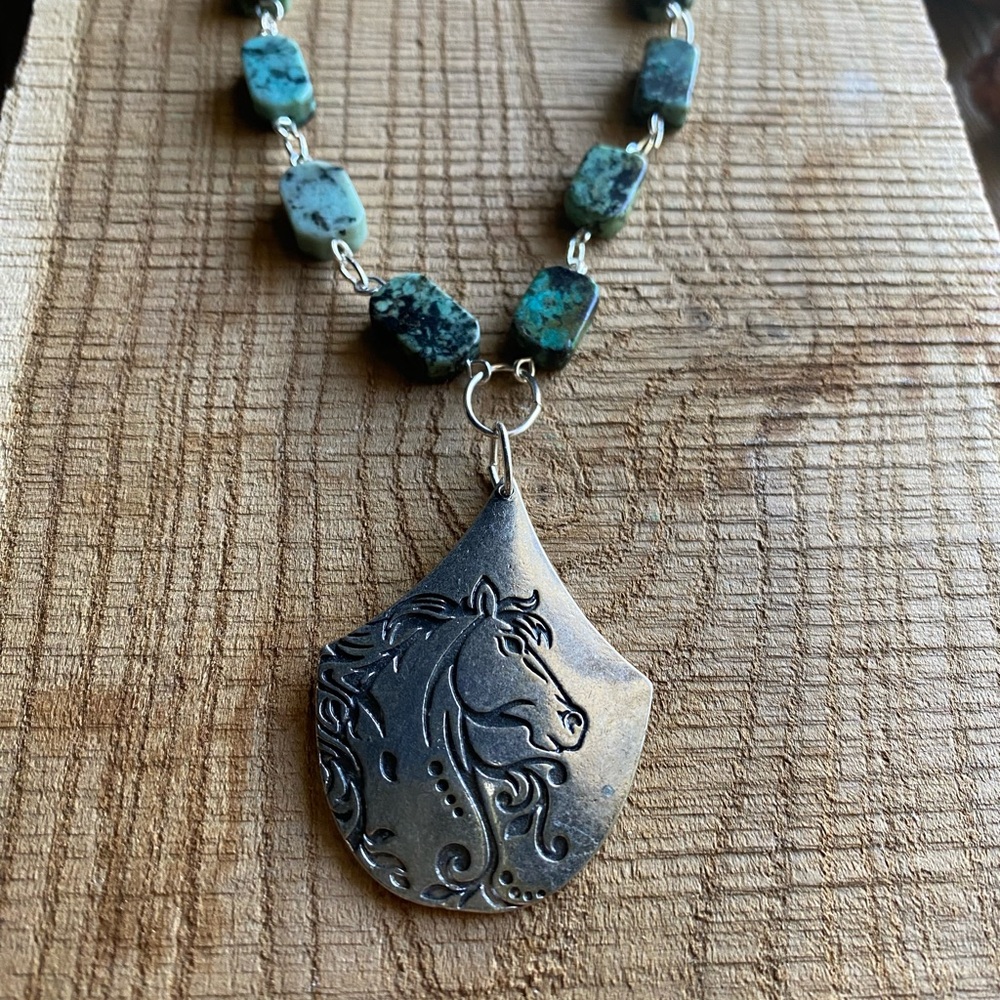 Silver Tone Horse Pendant Necklace with Turquoise Beads - Picture 9 of 9